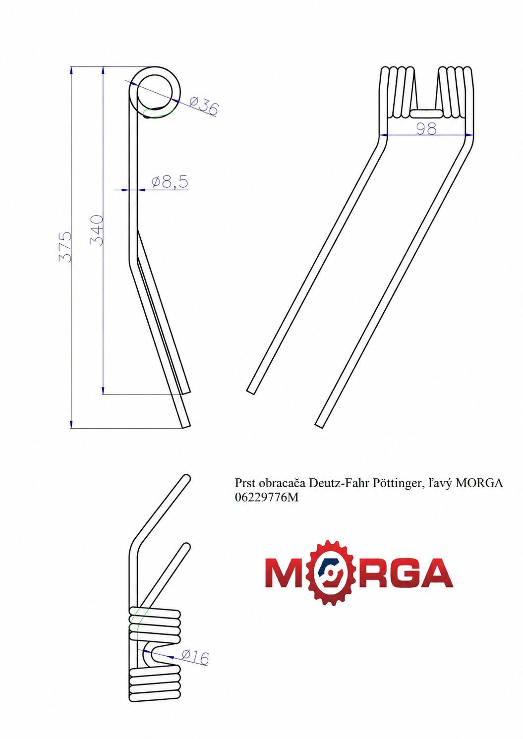 Prst - zub obracací - zhrňovača Deutz-Fahr Pottinger 06229776 FI-8,5mm L-375mm práškovo lakované vyhotovenie - Morga