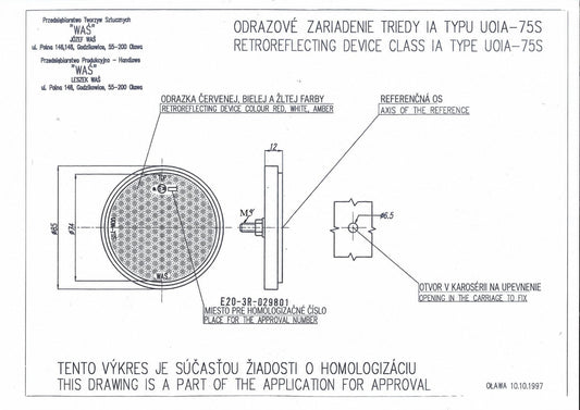 Odrazka - červené vyhotovenie FI-75mm 28 uchytenie skrutka - Waś