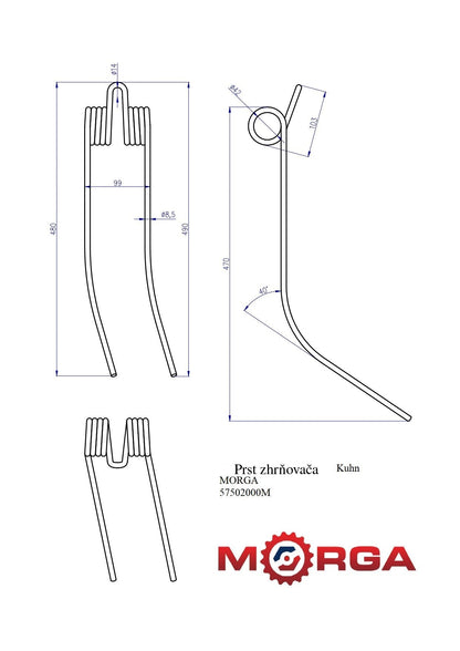 Prst - zub obracací - zhrňovača riadkovacej 57502000 FI-8,5mm L-470mm Kuhn práškovo lakované vyhotovenie - Morga