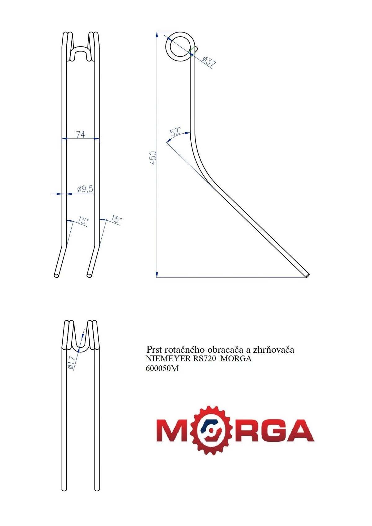 Prst - zub obracací - zhrňovača karuselovej Niemeyer RS720 FI-9,5mm L-460mm práškovo lakované vyhotovenie - Morga