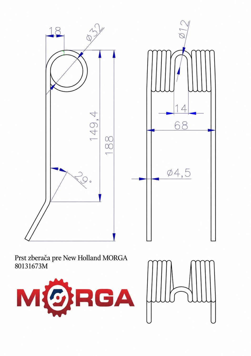 Prst zub zberača New Holland práškovo - Morga