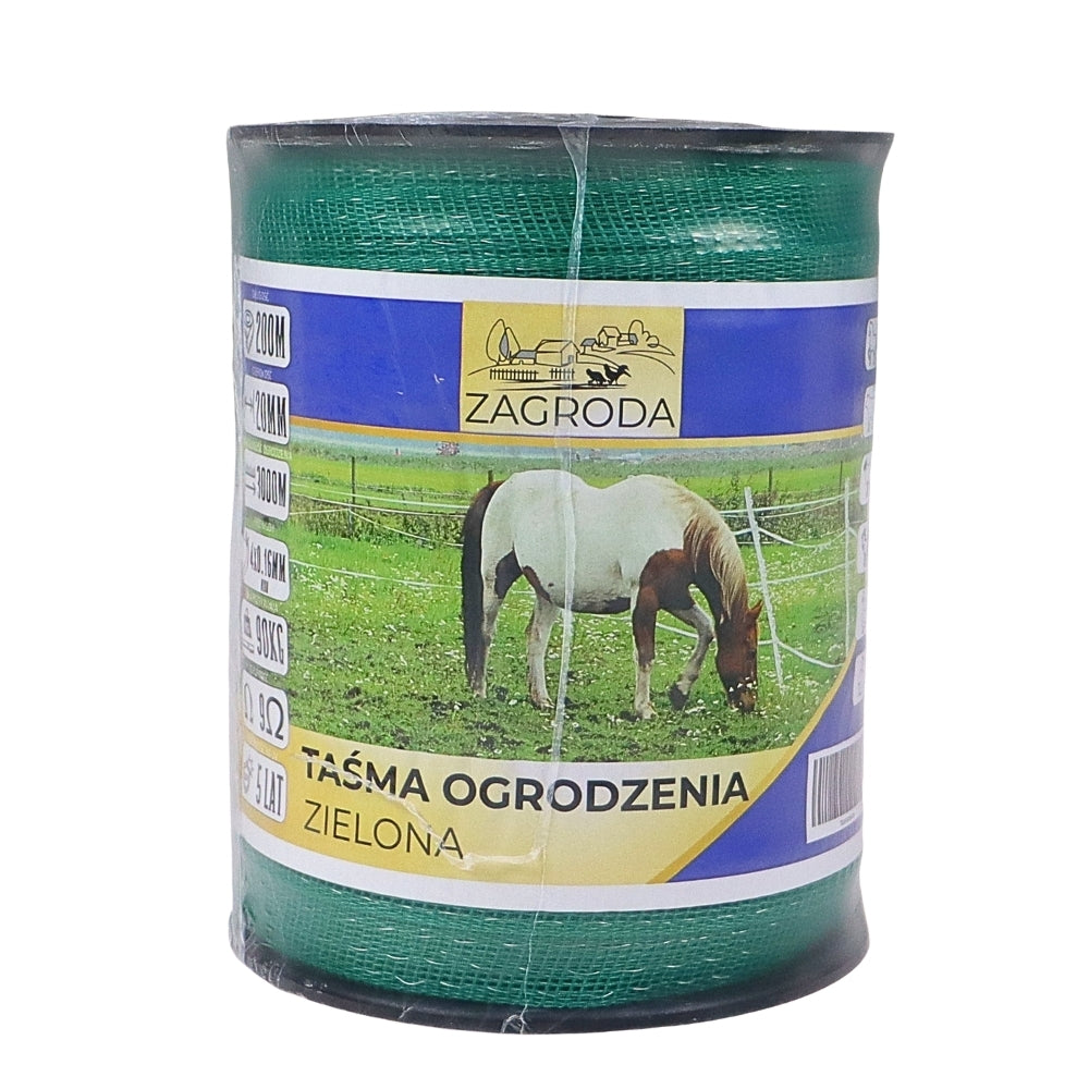 Pás oplotenia elektrického ohradníka elektrického ohradníka 20mmX200M odolná na UV zelené vyhotovenie 4-druty 0,16mm ZAGRODA